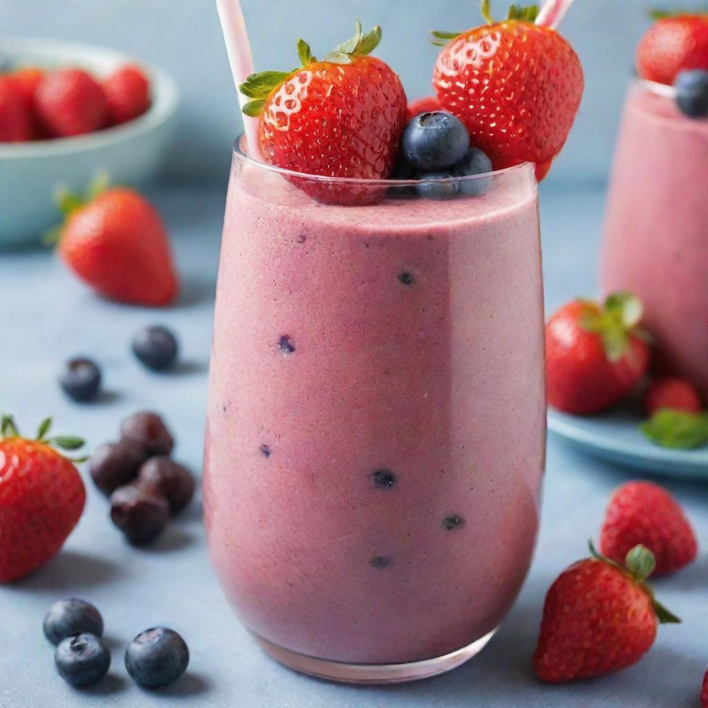 A refreshing berry smoothie made from a colorful blend of strawberries, blueberries, and raspberries in a chilled glass, garnished with a straw and fresh berries on top.