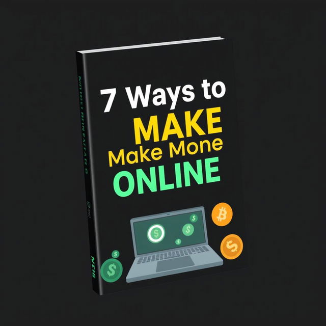 Create an e-book cover for the title '7 Ways to Make Money Online' with a black theme color