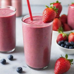 A refreshing berry smoothie made from a colorful blend of strawberries, blueberries, and raspberries in a chilled glass, garnished with a straw and fresh berries on top.