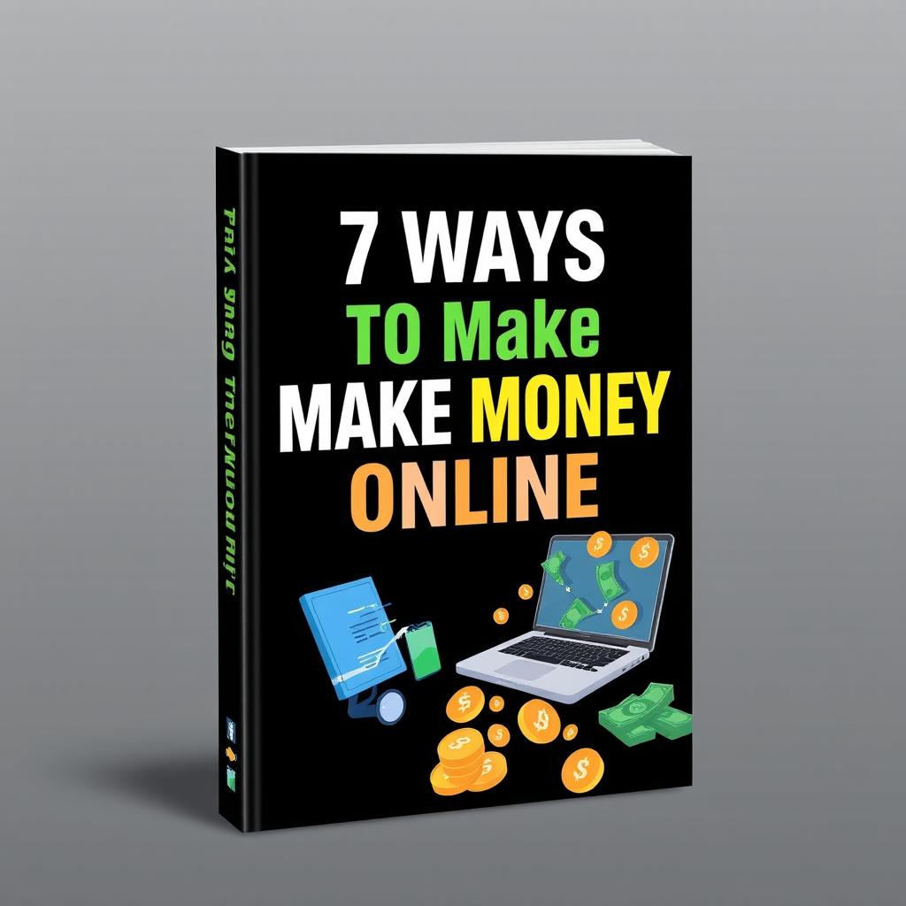 Create an e-book cover for the title '7 Ways to Make Money Online' with a black theme color