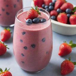 A refreshing berry smoothie made from a colorful blend of strawberries, blueberries, and raspberries in a chilled glass, garnished with a straw and fresh berries on top.