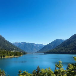 A beautiful landscape featuring a serene lake surrounded by mountains and lush greenery under a clear blue sky