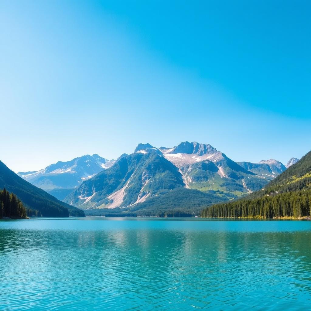 A beautiful landscape featuring a serene lake surrounded by mountains and lush greenery under a clear blue sky