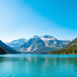 A beautiful landscape featuring a serene lake surrounded by mountains and lush greenery under a clear blue sky