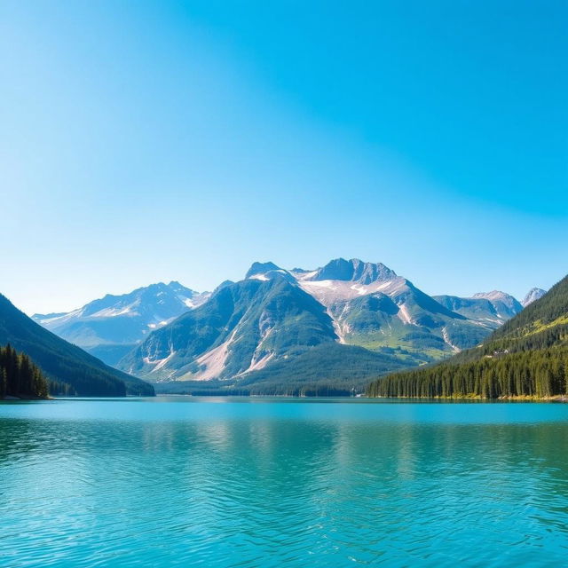 A beautiful landscape featuring a serene lake surrounded by mountains and lush greenery under a clear blue sky