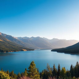 A beautiful landscape featuring a serene lake surrounded by mountains and lush greenery under a clear blue sky