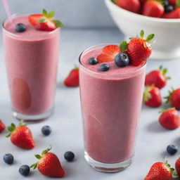 A refreshing berry smoothie made from a colorful blend of strawberries, blueberries, and raspberries in a chilled glass, garnished with a straw and fresh berries on top.