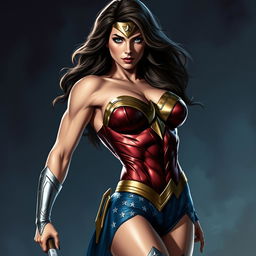 A depiction of Wonder Woman in a sexy pose, her body glistening with sweat