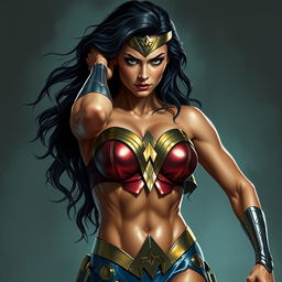 A depiction of Wonder Woman in a sexy pose, her body glistening with sweat