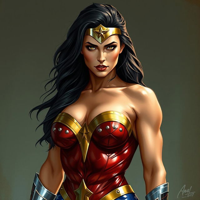 A depiction of Wonder Woman in a sexy pose, her body glistening with sweat