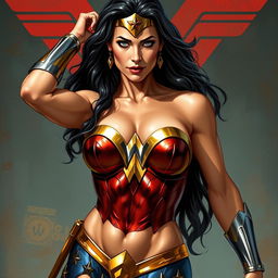 A depiction of Wonder Woman in a sexy pose, her body glistening with sweat