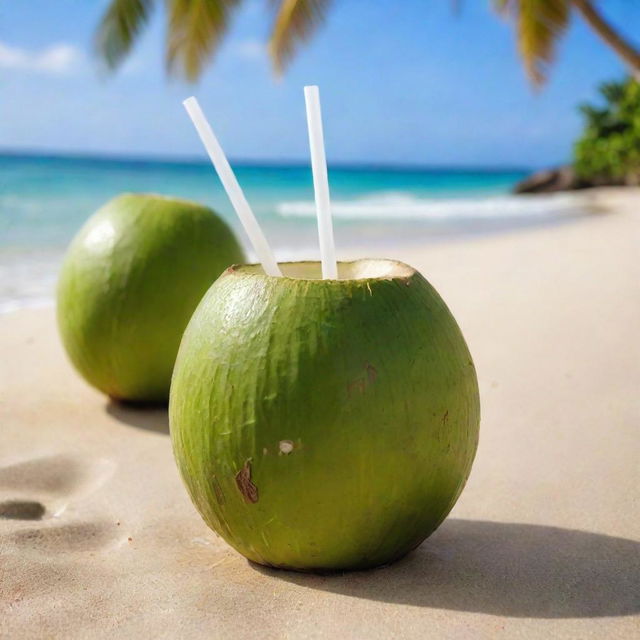 A refreshing coconut water served straight from a freshly cut green coconut with a straw, placed on a sandy beach with a hint of tropical background.