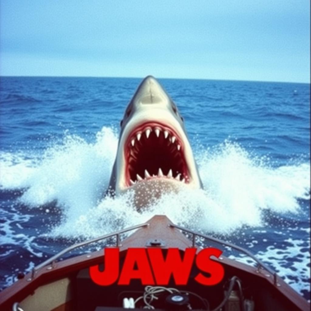 An iconic scene from the movie Jaws, capturing the intense and thrilling moments of the film