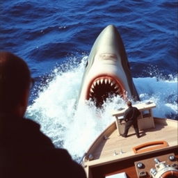 An iconic scene from the movie Jaws, capturing the intense and thrilling moments of the film