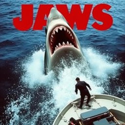 An iconic scene from the movie Jaws, capturing the intense and thrilling moments of the film