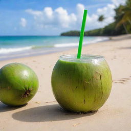 A refreshing coconut water served straight from a freshly cut green coconut with a straw, placed on a sandy beach with a hint of tropical background.