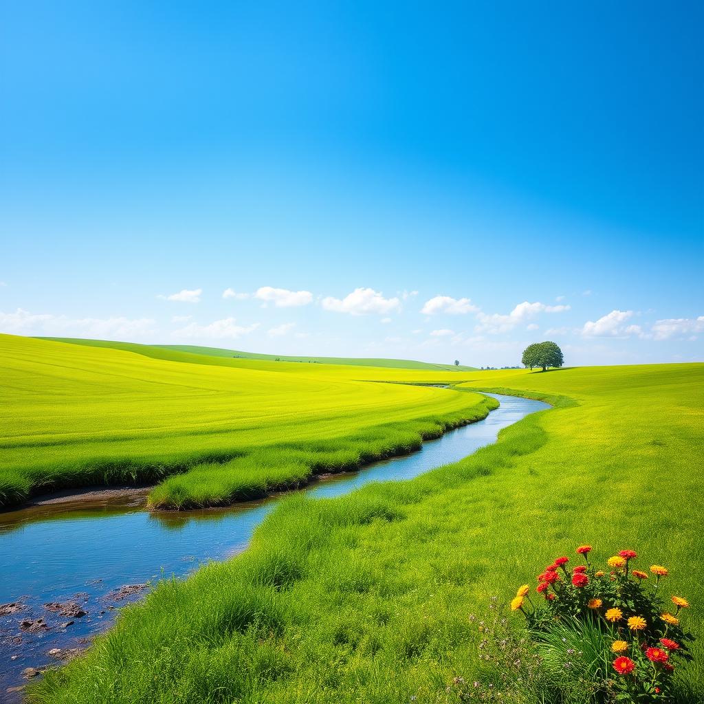 Create an image that showcases a serene landscape with a clear blue sky, lush green fields, and a gentle river flowing through the scene