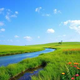 Create an image that showcases a serene landscape with a clear blue sky, lush green fields, and a gentle river flowing through the scene