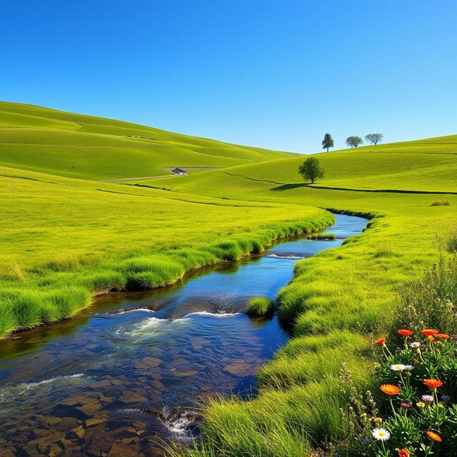 Create an image that showcases a serene landscape with a clear blue sky, lush green fields, and a gentle river flowing through the scene