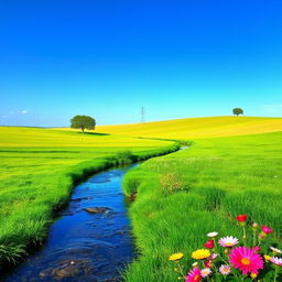 Create an image that showcases a serene landscape with a clear blue sky, lush green fields, and a gentle river flowing through the scene