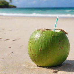 A refreshing coconut water served straight from a freshly cut green coconut with a straw, placed on a sandy beach with a hint of tropical background.