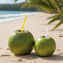 A refreshing coconut water served straight from a freshly cut green coconut with a straw, placed on a sandy beach with a hint of tropical background.