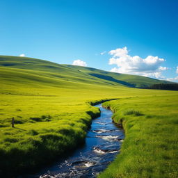 A serene landscape featuring a clear blue sky, lush green meadows, and a gently flowing river