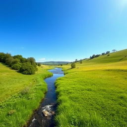 A serene landscape featuring a clear blue sky, lush green meadows, and a gently flowing river