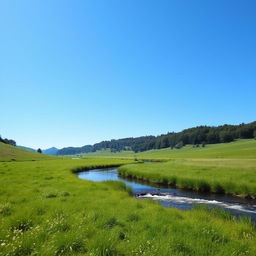 A serene landscape featuring a clear blue sky, lush green meadows, and a gently flowing river