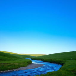 A serene landscape featuring a clear blue sky, lush green meadows, and a gently flowing river