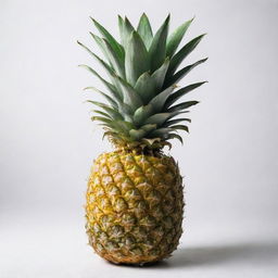 An appetizing ripe pineapple with a vibrant color, sitting on a white surface. The texture of its spiky skin and lush, green crown are highlighted.