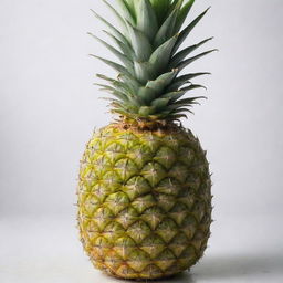 An appetizing ripe pineapple with a vibrant color, sitting on a white surface. The texture of its spiky skin and lush, green crown are highlighted.