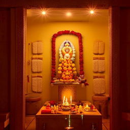 A serene and tranquil Pooja room adorned with religious icons, incense, and soft lighting