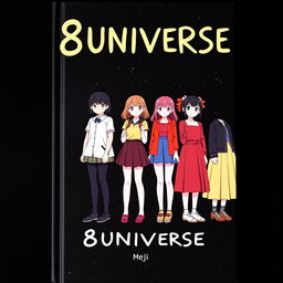 Create a book cover featuring 8 independent girls standing in a row with a dark space background