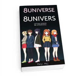 Create a book cover featuring 8 independent girls standing in a row with a dark space background