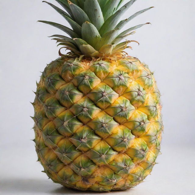 An appetizing ripe pineapple with a vibrant color, sitting on a white surface. The texture of its spiky skin and lush, green crown are highlighted.