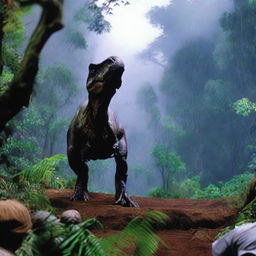 An iconic scene from the movie Jurassic Park, capturing the awe and wonder of the film