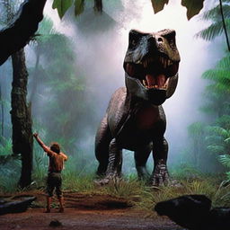 An iconic scene from the movie Jurassic Park, capturing the awe and wonder of the film