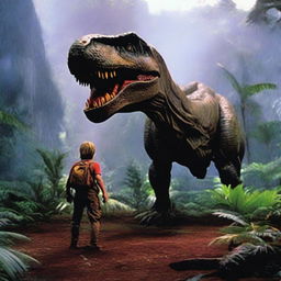 An iconic scene from the movie Jurassic Park, capturing the awe and wonder of the film