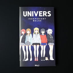 A book cover featuring 8 independent girls standing in a row against a dark cosmic background