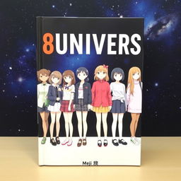 A book cover featuring 8 independent girls standing in a row against a dark cosmic background