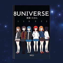 A book cover featuring 8 independent girls standing in a row against a dark cosmic background