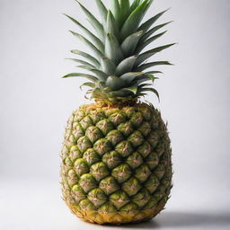 An appetizing ripe pineapple with a vibrant color, sitting on a white surface. The texture of its spiky skin and lush, green crown are highlighted.