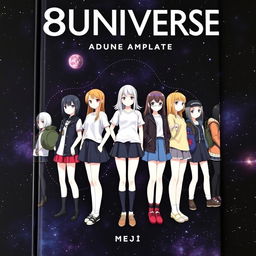 A book cover featuring 8 independent girls standing in a row against a dark cosmic background