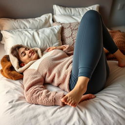 A high-quality image of a woman in yoga pants and a sherpa hoodie laying on a bed