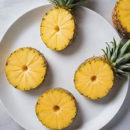 Several juicy pineapple slices, freshly cut, arranged on a white ceramic plate. The vibrant yellow color and unique texture of the pineapple are prominent.