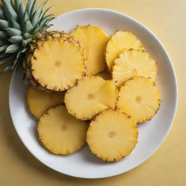 Several juicy pineapple slices, freshly cut, arranged on a white ceramic plate. The vibrant yellow color and unique texture of the pineapple are prominent.