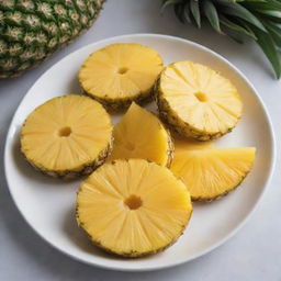 Several juicy pineapple slices, freshly cut, arranged on a white ceramic plate. The vibrant yellow color and unique texture of the pineapple are prominent.