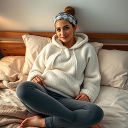 A high-quality image of a woman in yoga pants, a sherpa hoodie, and a headband, laying on a bed