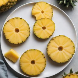 Several juicy pineapple slices, freshly cut, arranged on a white ceramic plate. The vibrant yellow color and unique texture of the pineapple are prominent.